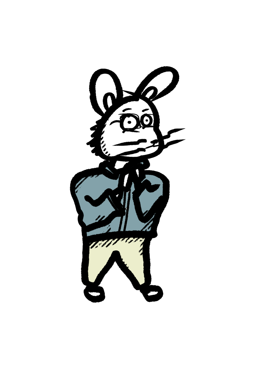 Hand-drawn ink illustration of Clovis, an anxious rat with wide eyes behind round glasses, wearing a blue zip-up jacket, paws clasped nervously