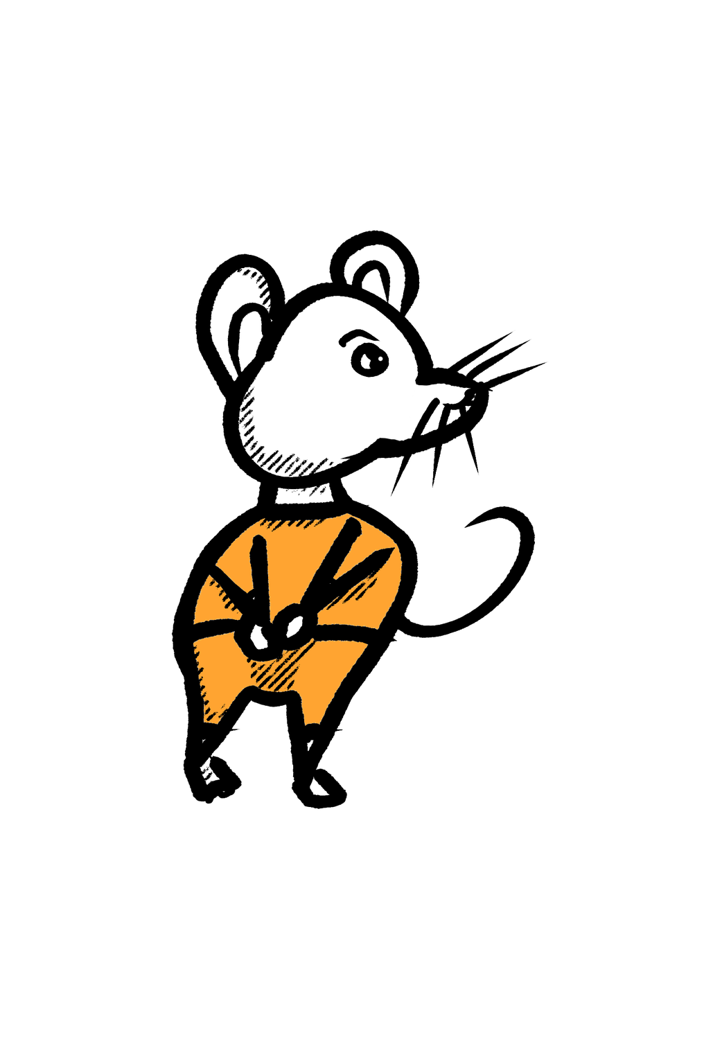 Hand-drawn ink illustration of Peri, a round, cheerful rat in an orange jumpsuit with a long curling tail