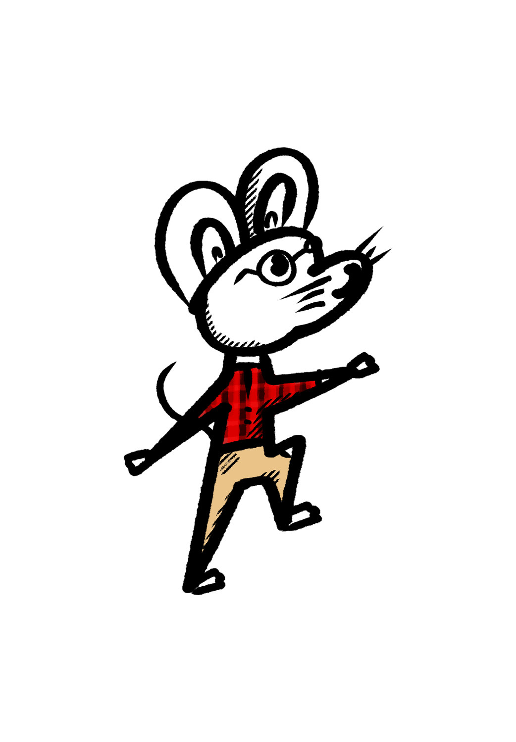 Hand-drawn ink illustration of Rascal Blaze, a young rat with big round ears and round glasses, wearing a red plaid shirt and tan trousers, mid-stride as if setting off on an adventure