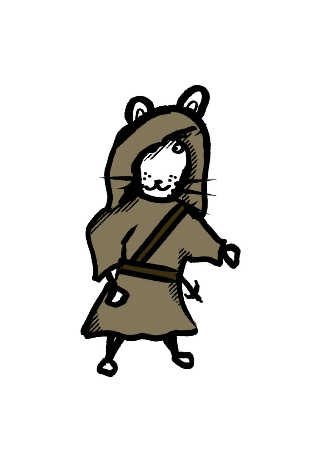 Hand-drawn ink illustration of Renny, a rat in a hooded brown cloak with a belt and shoulder strap, one paw raised, a wry sideways glance